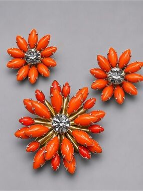 🐈‍⬛🐈‍⬛50%off Vintage Art Glass Orange Flower Brooch and Earrings Set